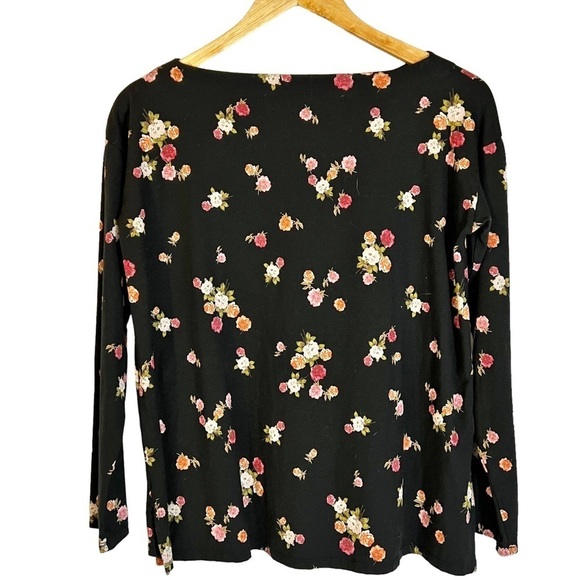 J Jill Luxe Supima Boat Neck Tee Black with Floral Design XS Cottagecore - Picture 2 of 4